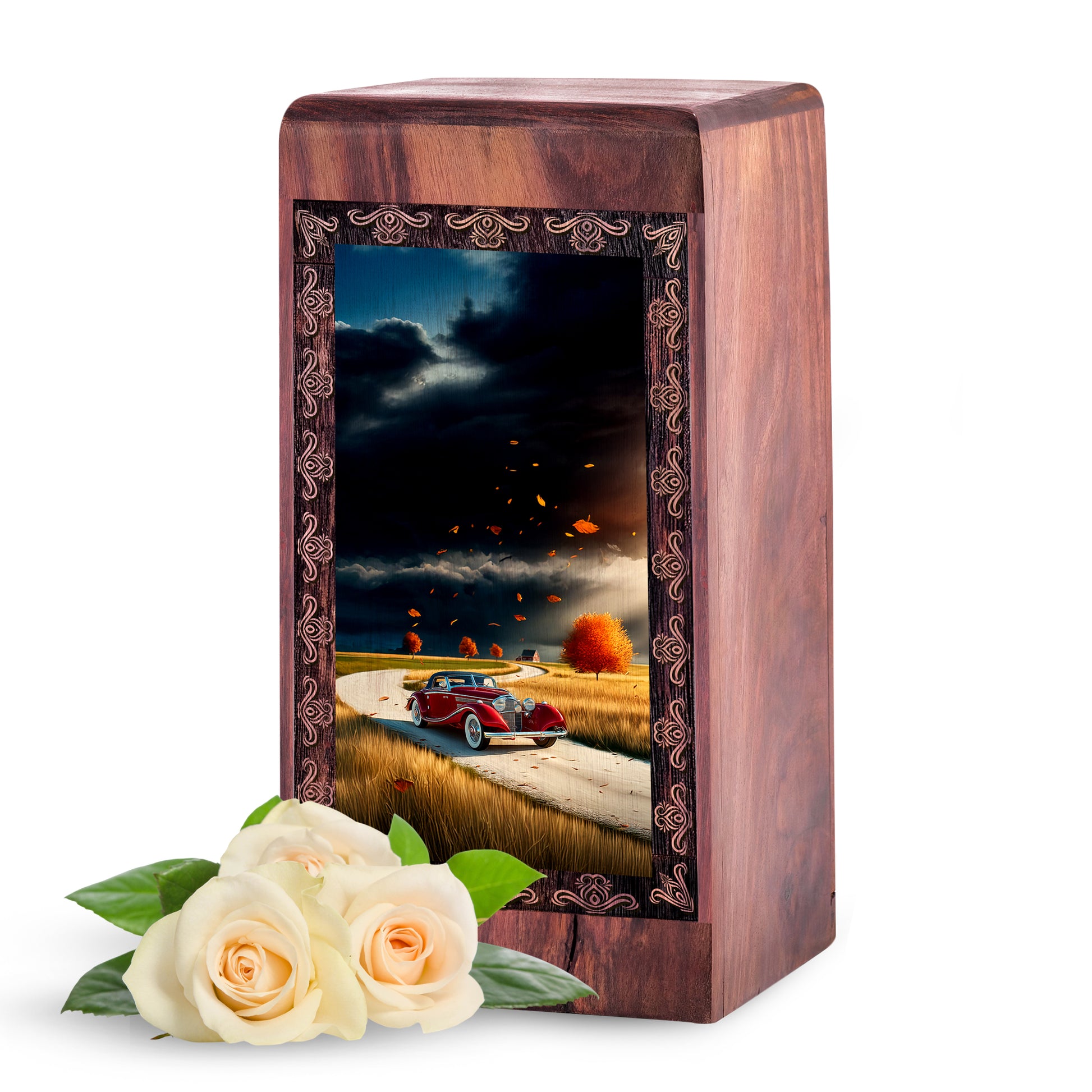 Car Handmade Wooden Funeral Urn - Storm Cloud Theme Urn For Mom & Dad