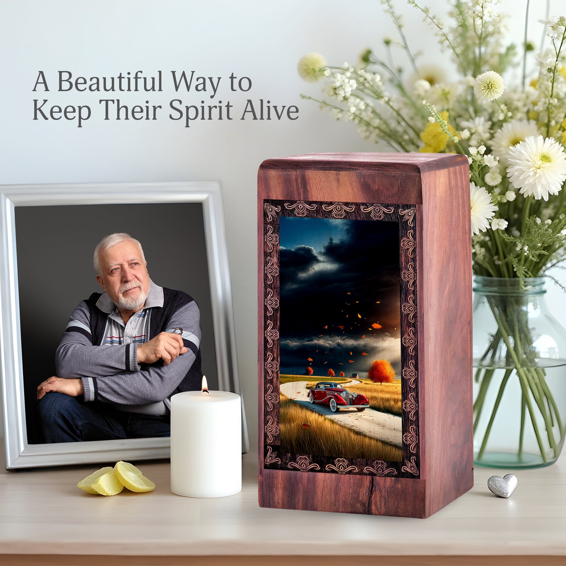 Car Handmade Wooden Funeral Urn - Storm Cloud Theme Urn For Mom & Dad