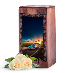 Sunset Highway Wooden Cremation Urn - Car Theme Decorative Urn For Human Ashes
