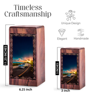 Sunset Highway Wooden Cremation Urn - Car Theme Decorative Urn For Human Ashes