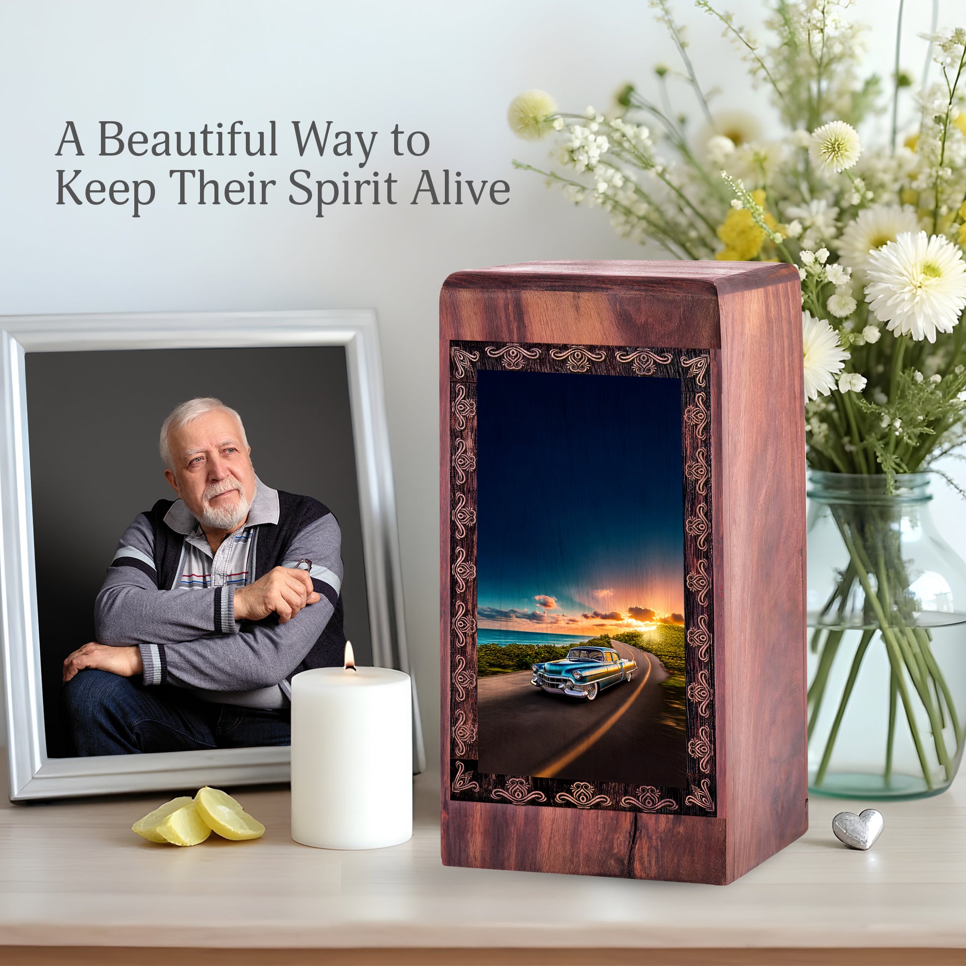 Sunset Highway Wooden Cremation Urn - Car Theme Decorative Urn For Human Ashes