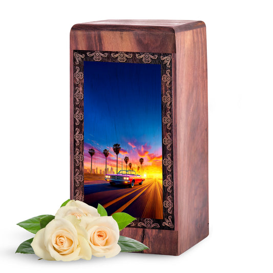Premium Wooden Rosewood Car Urn - Sunset Theme Cremation Urn For Male Adult