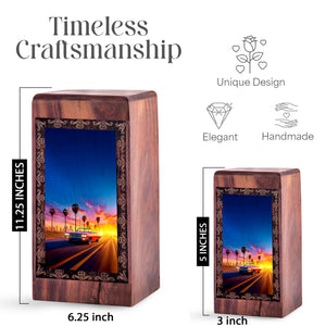 Premium Wooden Rosewood Car Urn - Sunset Theme Cremation Urn For Male Adult