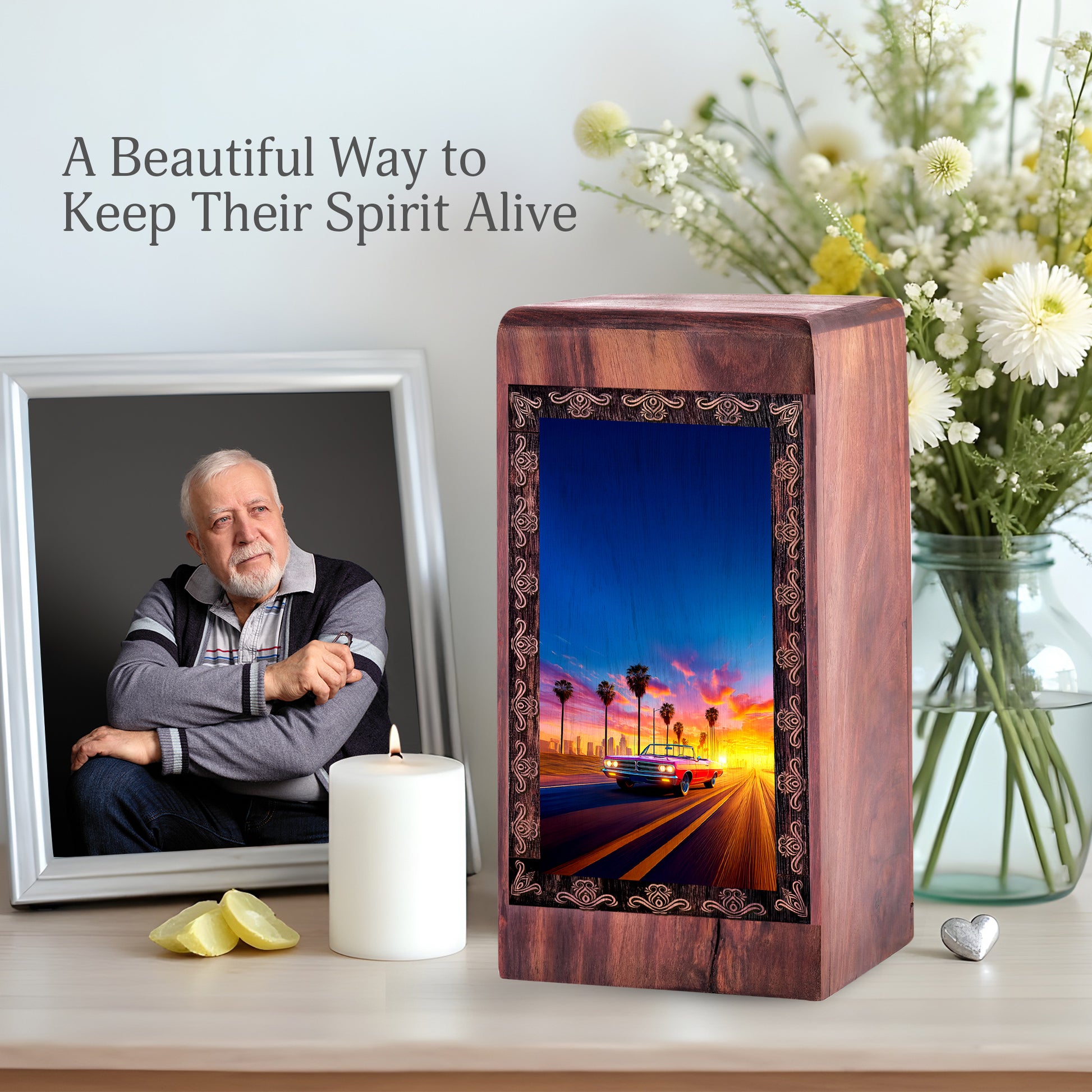 Premium Wooden Rosewood Car Urn - Sunset Theme Cremation Urn For Male Adult
