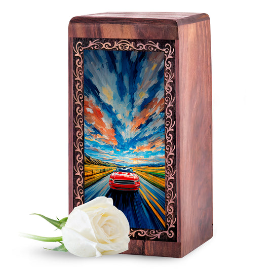 Red Sports Car Wooden Urn for Cremation - Artistic Theme Human Ashes Adult Male