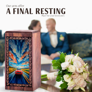 Red Sports Car Wooden Urn for Cremation - Artistic Theme Human Ashes Adult Male