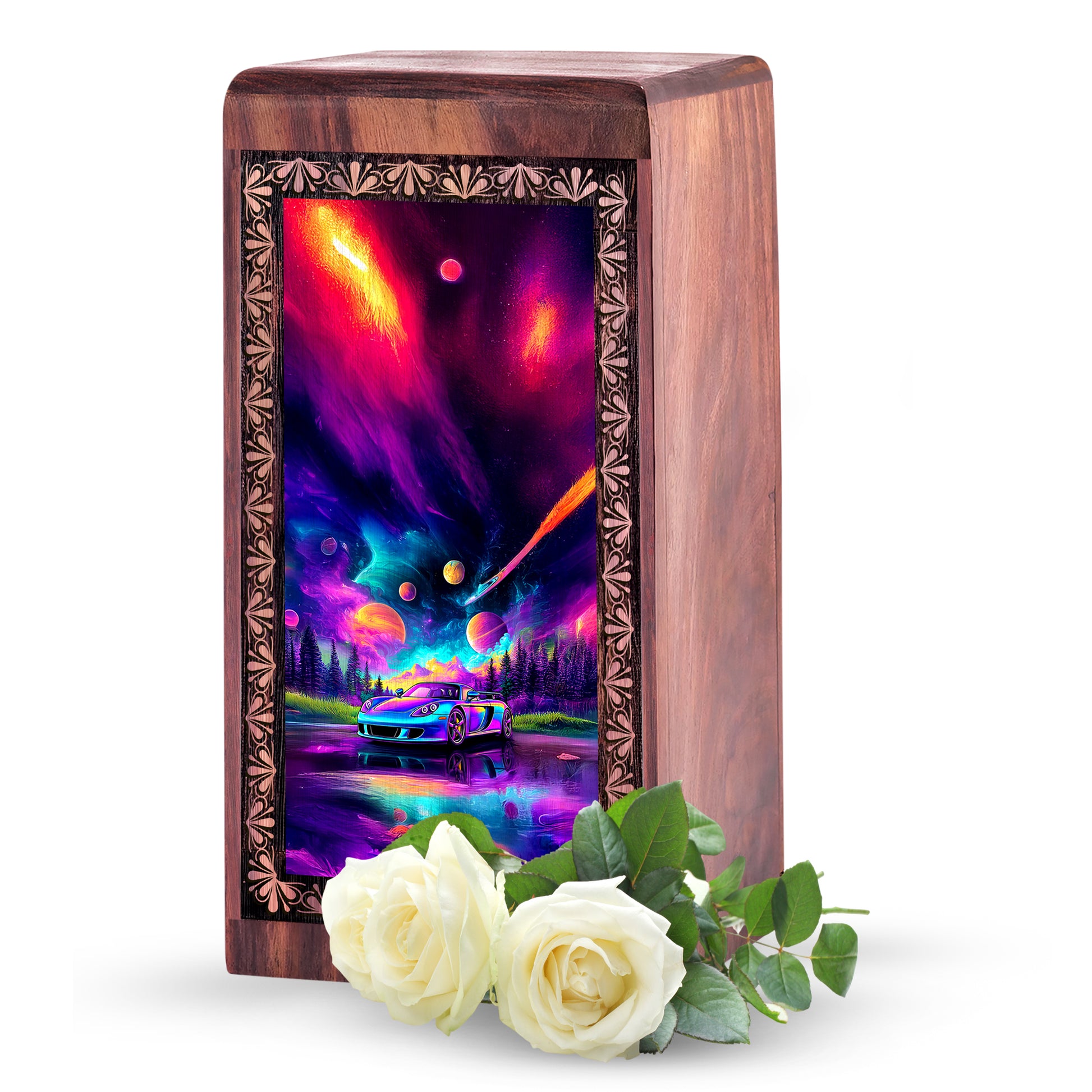 Cosmic Racing Car Large Wooden Box - Futuristic Theme Cremation Urn For Burial