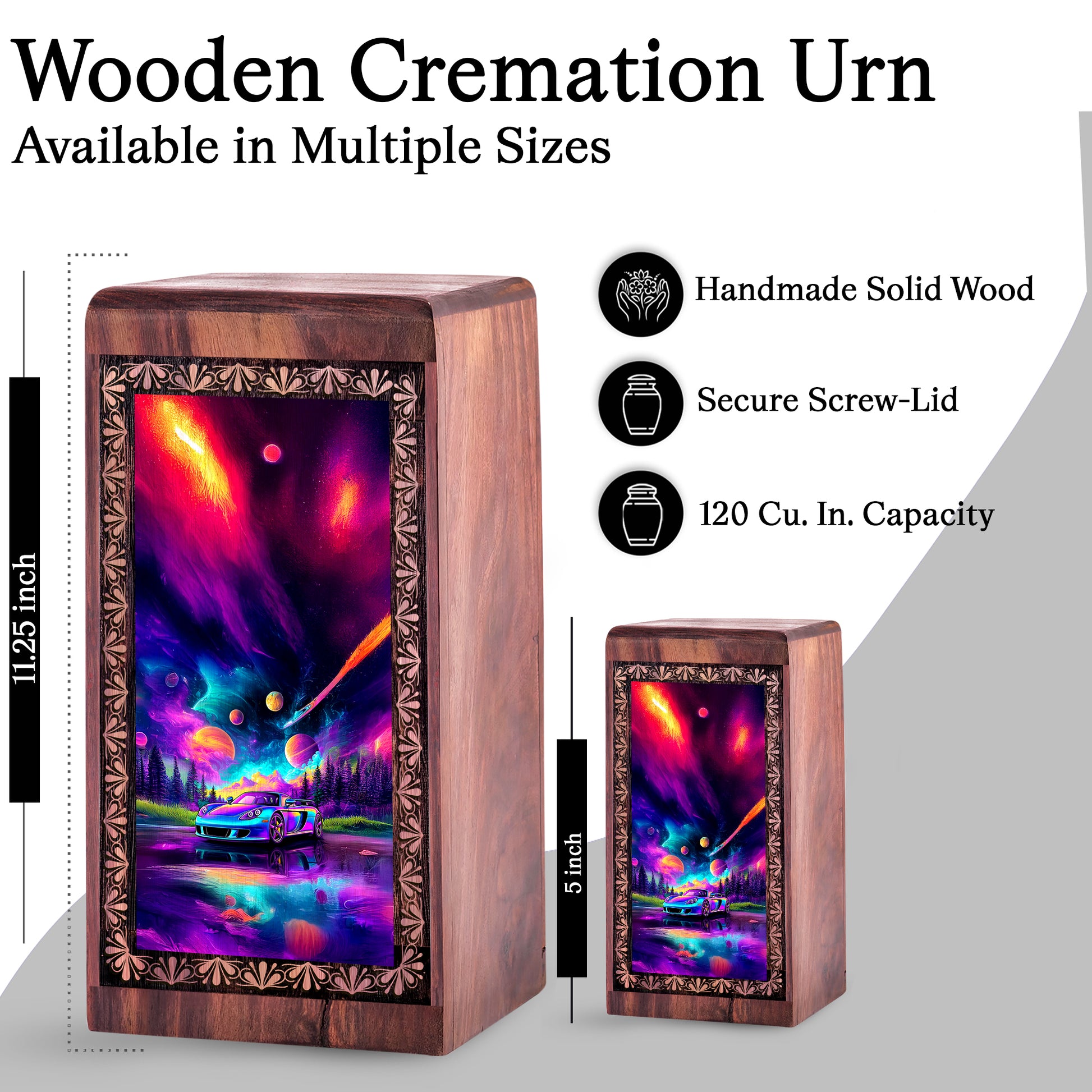 Cosmic Racing Car Large Wooden Box - Futuristic Theme Cremation Urn For Burial