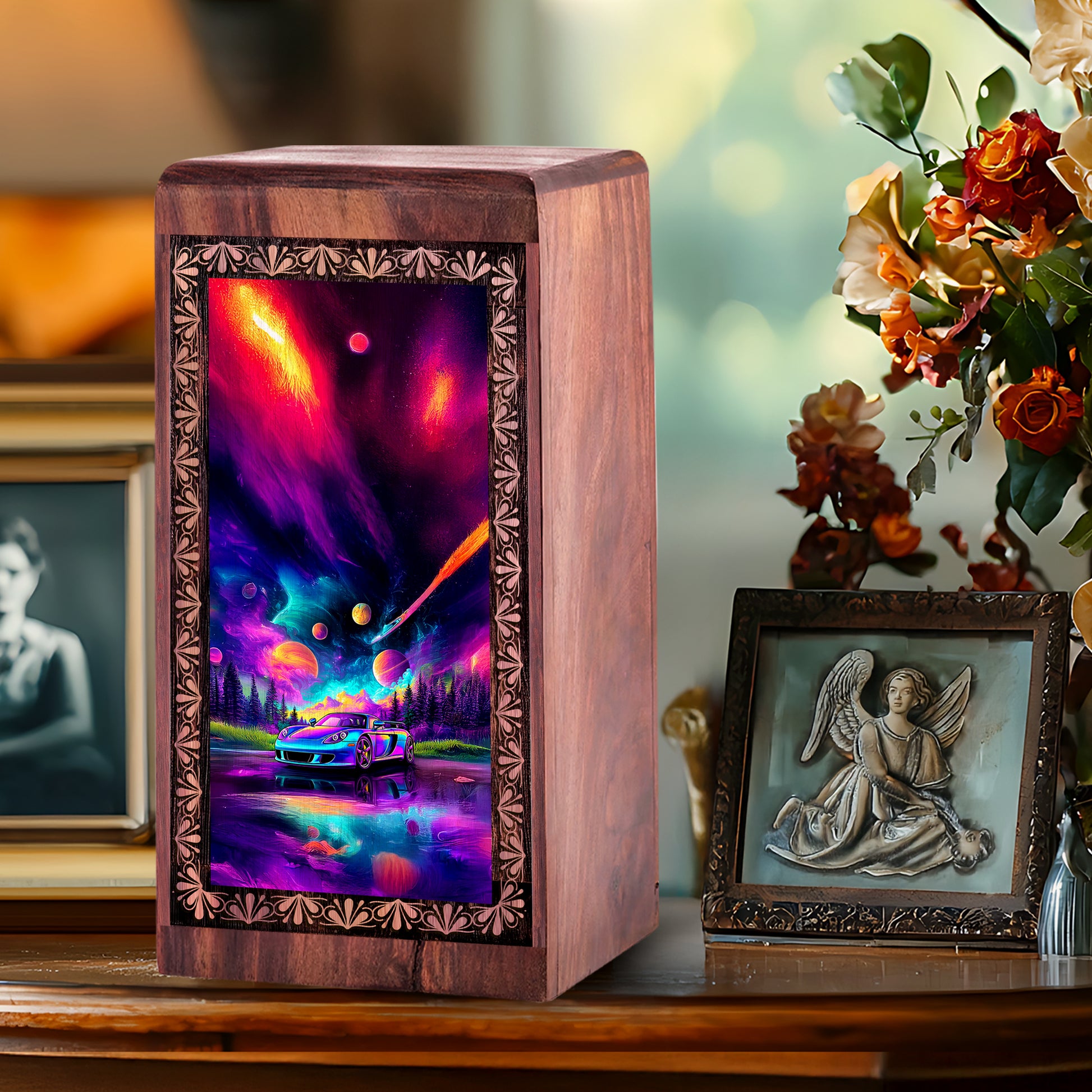 Cosmic Racing Car Large Wooden Box - Futuristic Theme Cremation Urn For Burial