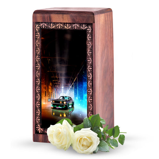 Classic Muscle Car Wood Cremation Urn - Artistic Theme Memorial Urn For Mom & Dad