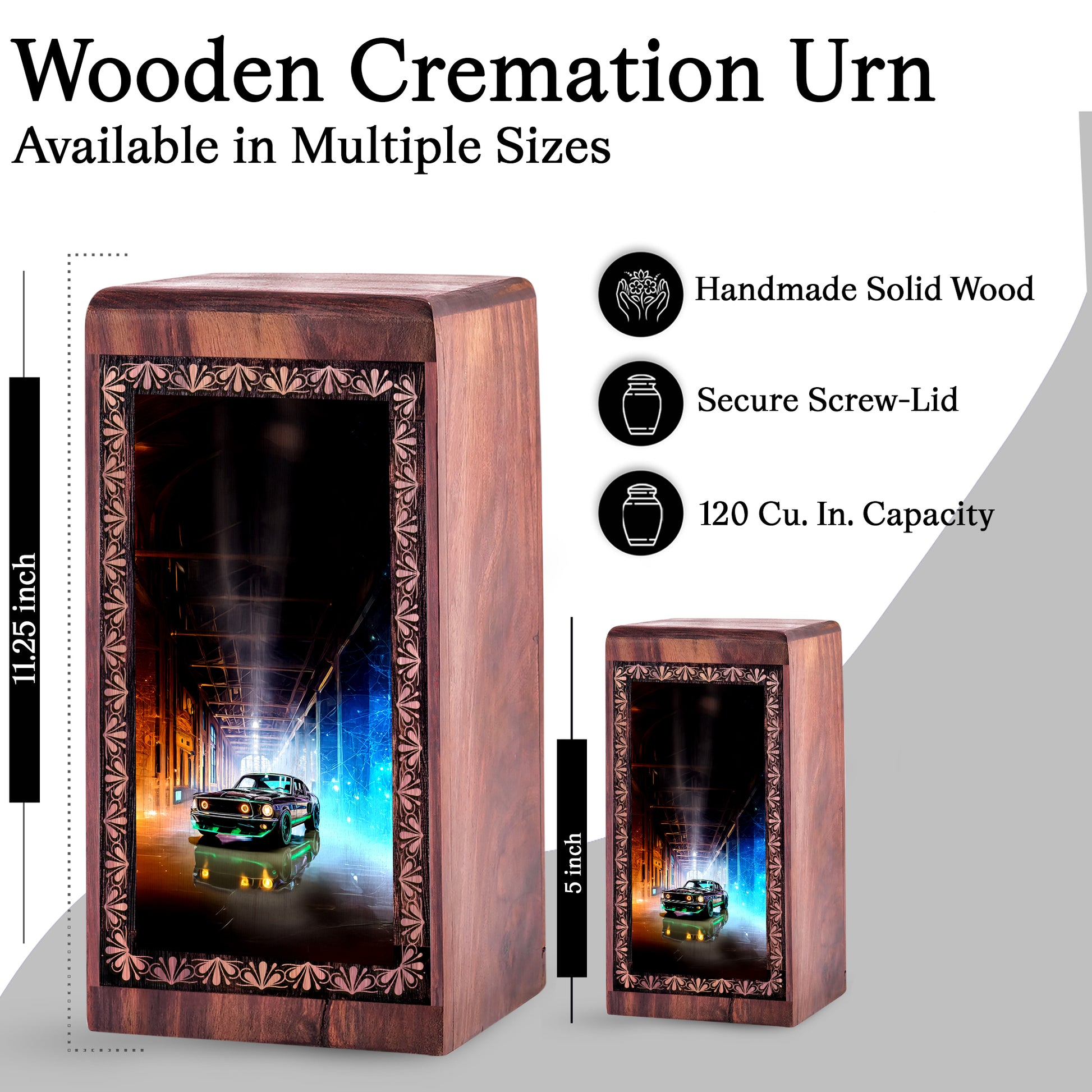 Classic Muscle Car Wood Cremation Urn - Artistic Theme Memorial Urn For Mom & Dad