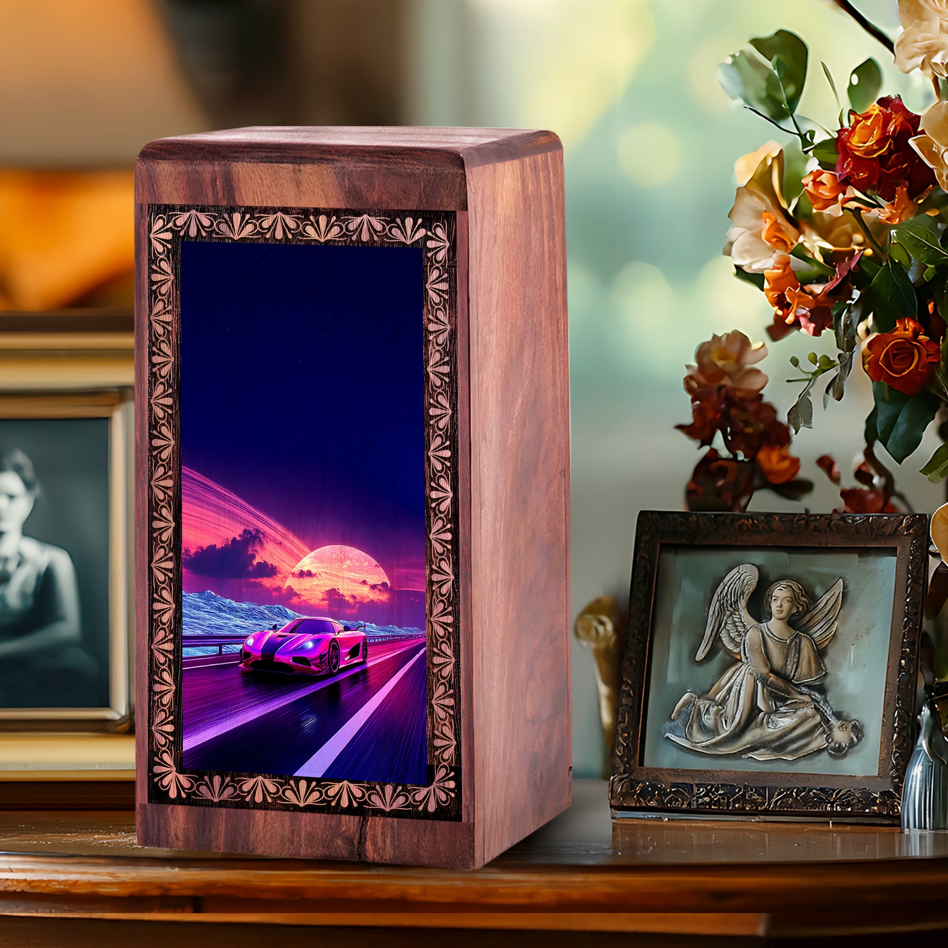 Pink Supercar Decorative Wooden Boxes - Handmade Cremation Urn For Burial