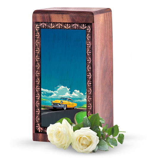 Yellow Vintage Car Wooden Urn for Cremation - Decorative Urns for Human Ashes Female