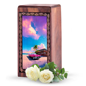 Tropical Car Wooden Keepsake Box for Men - Handmade Memorial Urn For Adult Male