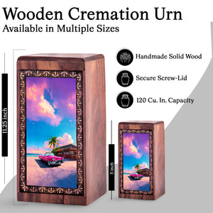 Tropical Car Wooden Keepsake Box for Men - Handmade Memorial Urn For Adult Male