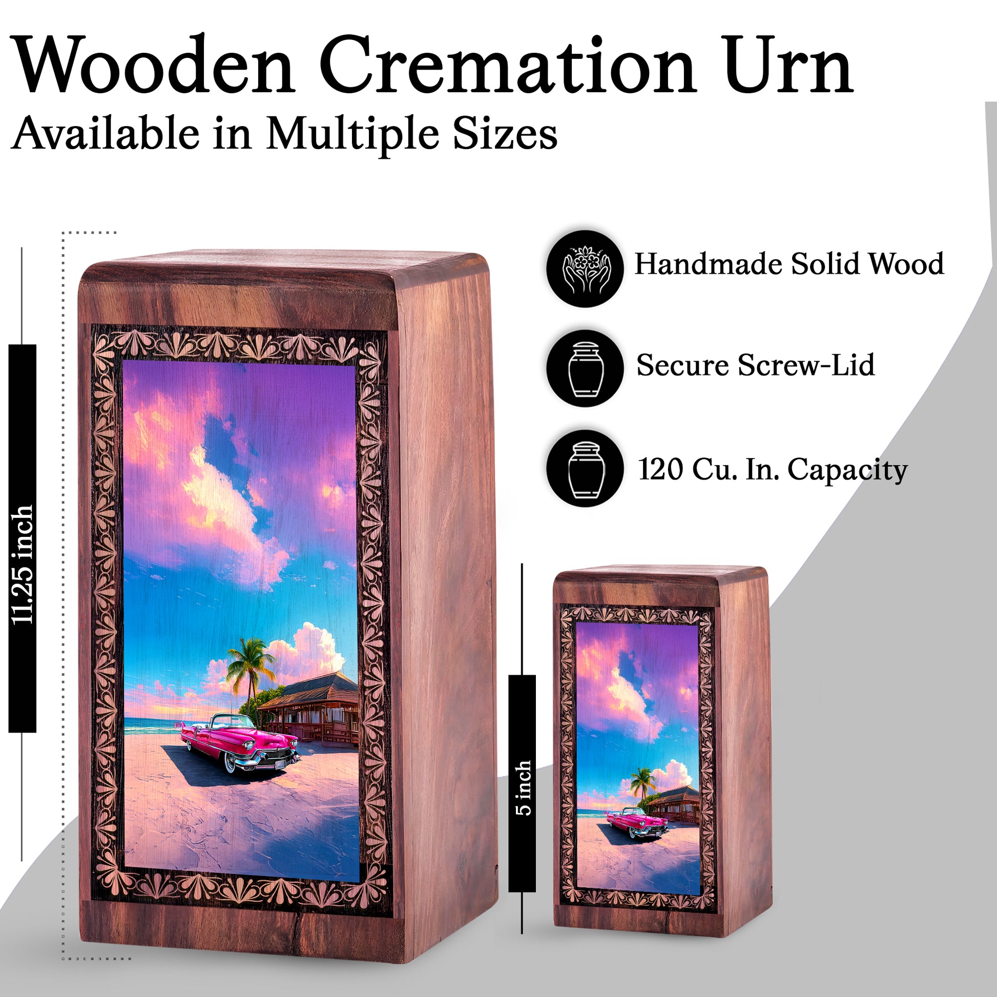 Tropical Car Wooden Keepsake Box for Men - Handmade Memorial Urn For Adult Male