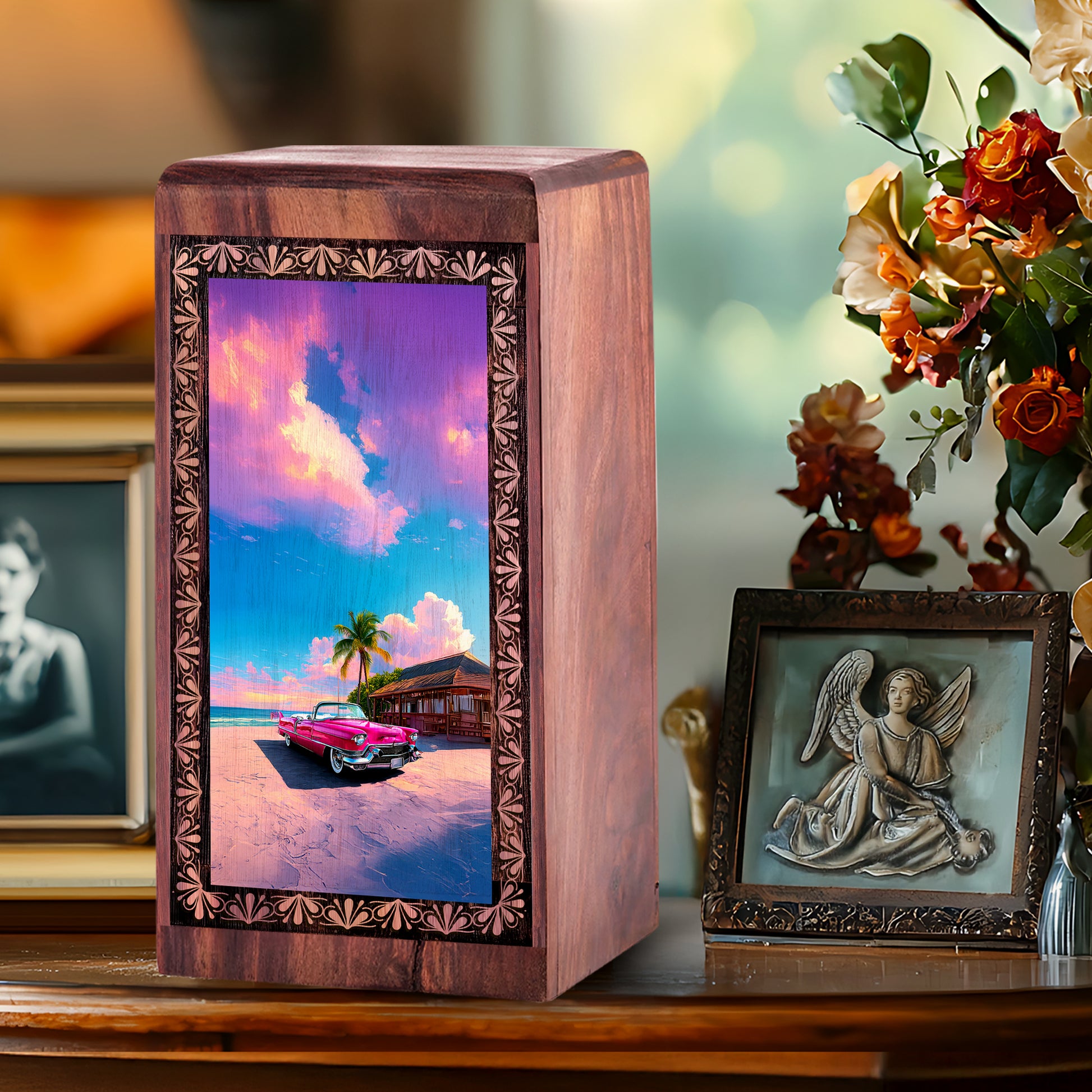 Tropical Car Wooden Keepsake Box for Men - Handmade Memorial Urn For Adult Male