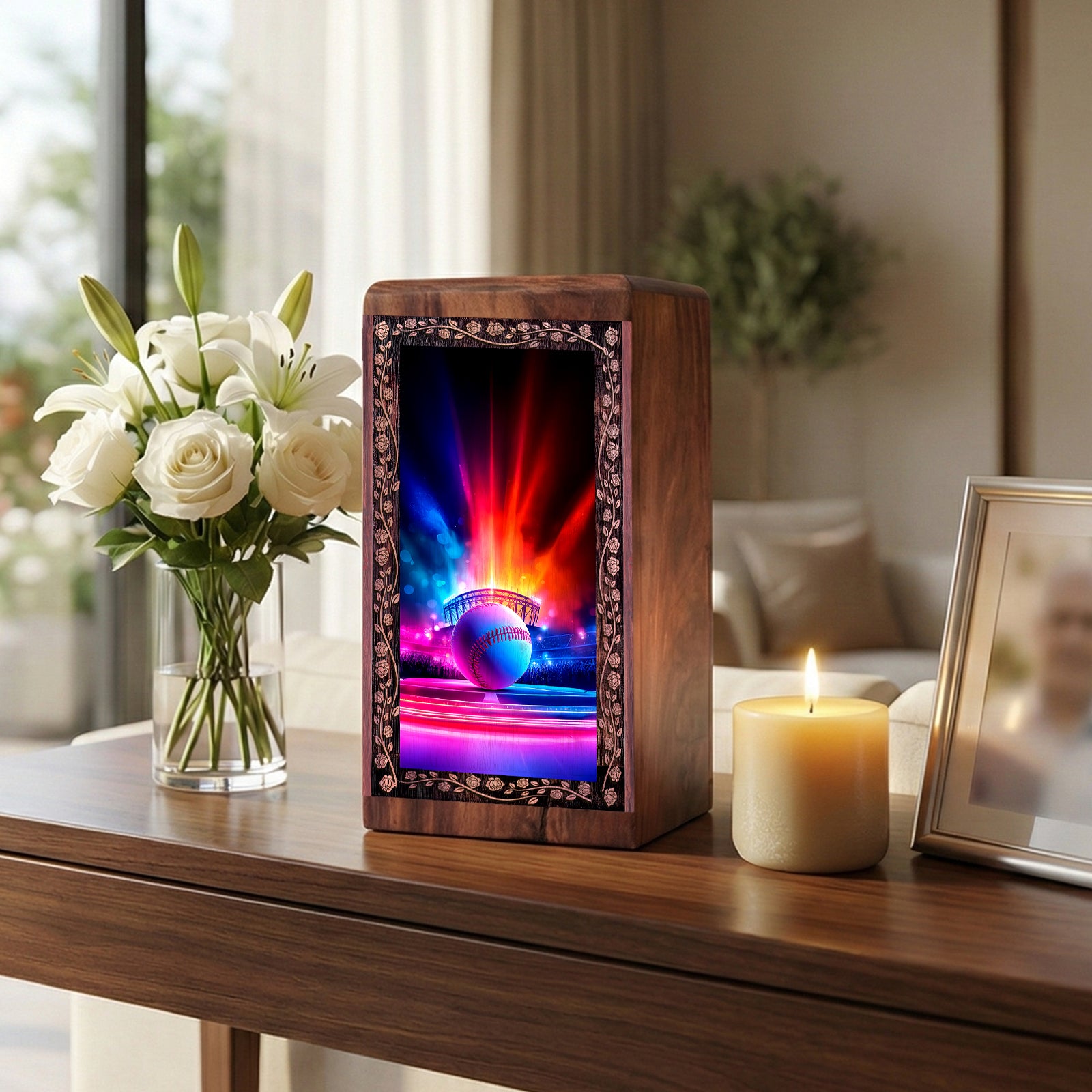 Baseball Memorial Urn For Burial - Neon Theme Keepshake For Adult Female