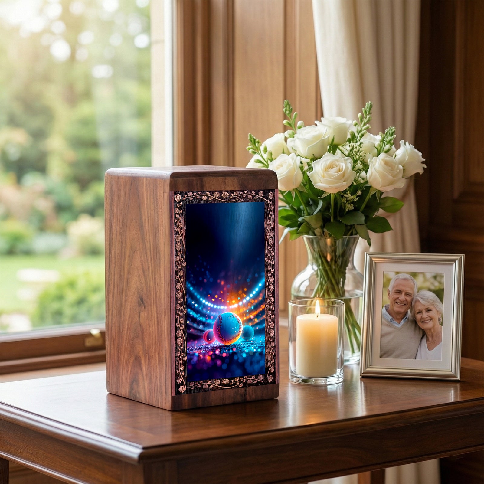 Glowing Theme Cremation Urn - Baseball Handmade Wooden Urn For Human Ashes