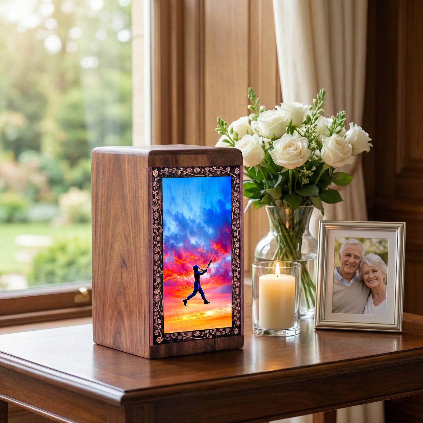 Baseball Memorial Urn For Burial - Decorative Wooden Box For Mom & Dad