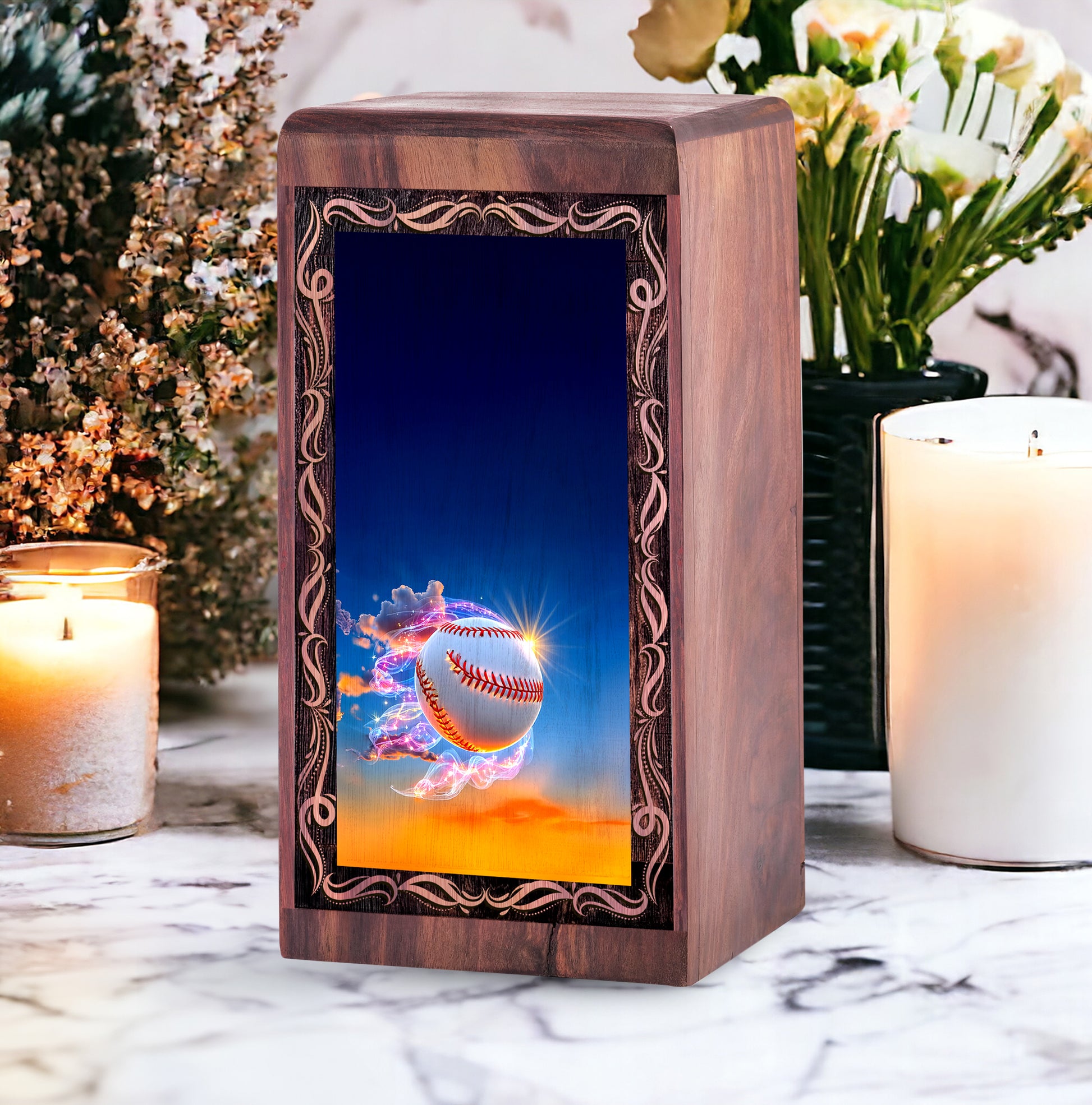Baseball Spark Funeral Urn For Ashes - Handmade Wooden Keepshake Urn For Male