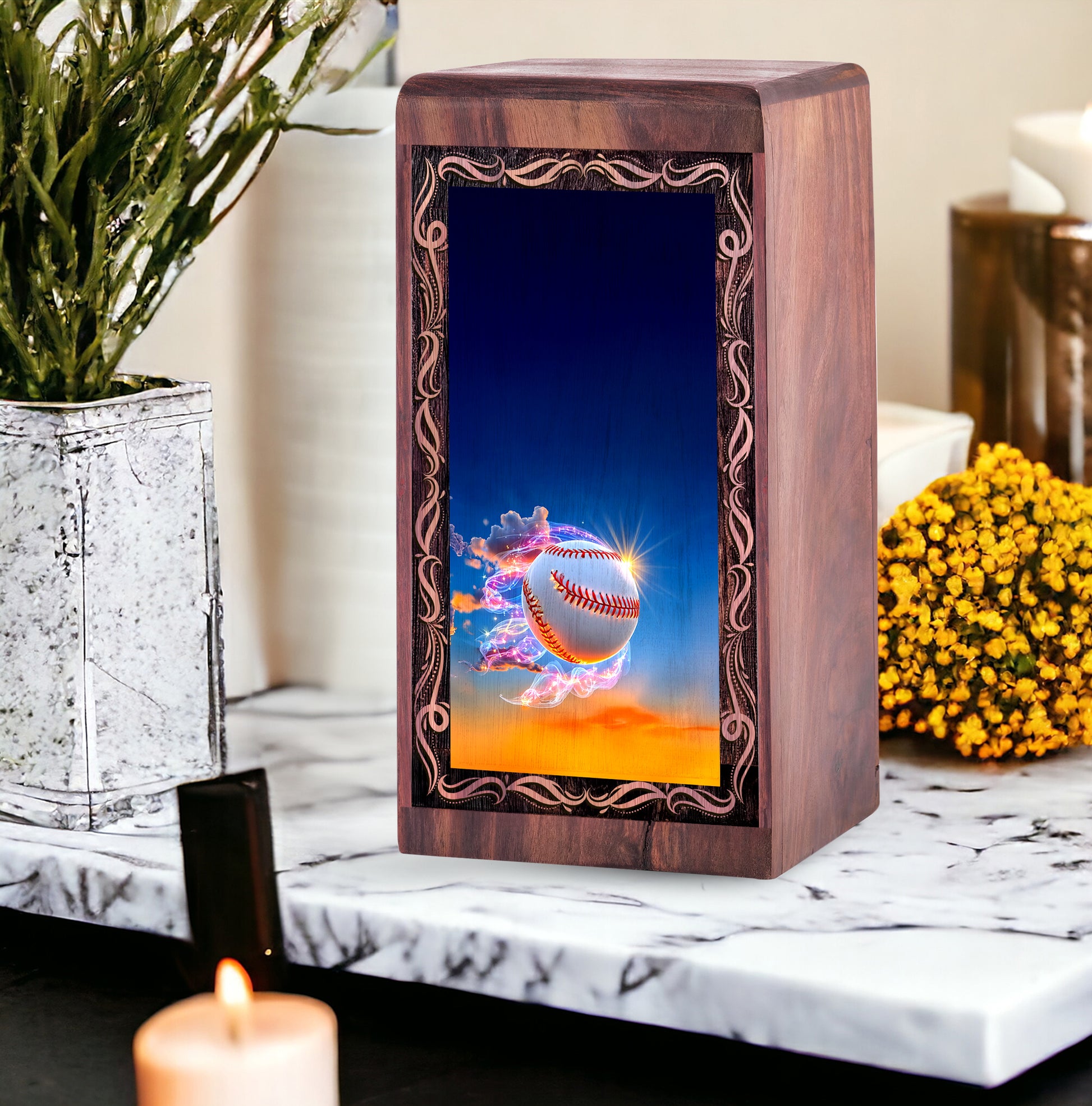 Baseball Spark Funeral Urn For Ashes - Handmade Wooden Keepshake Urn For Male