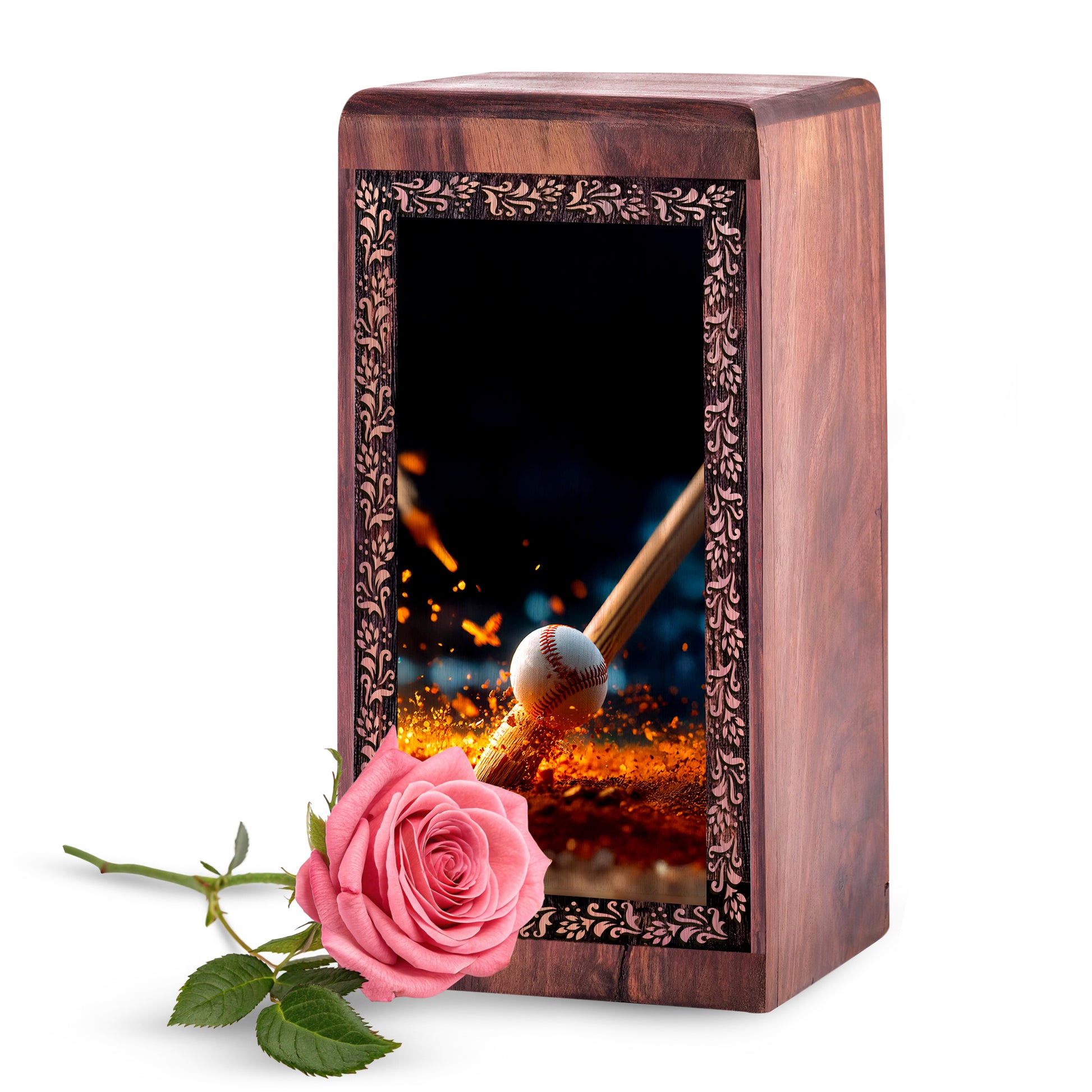 Baseball Fire Glow Wooden Urn For Human Ashes – Keepshake Cremation Urn For Burial