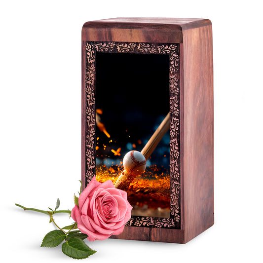 Baseball Fire Glow Wooden Urn For Human Ashes – Keepshake Cremation Urn For Burial