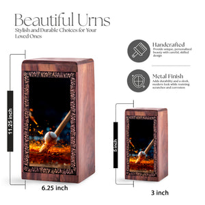 Baseball Fire Glow Wooden Urn For Human Ashes – Keepshake Cremation Urn For Burial
