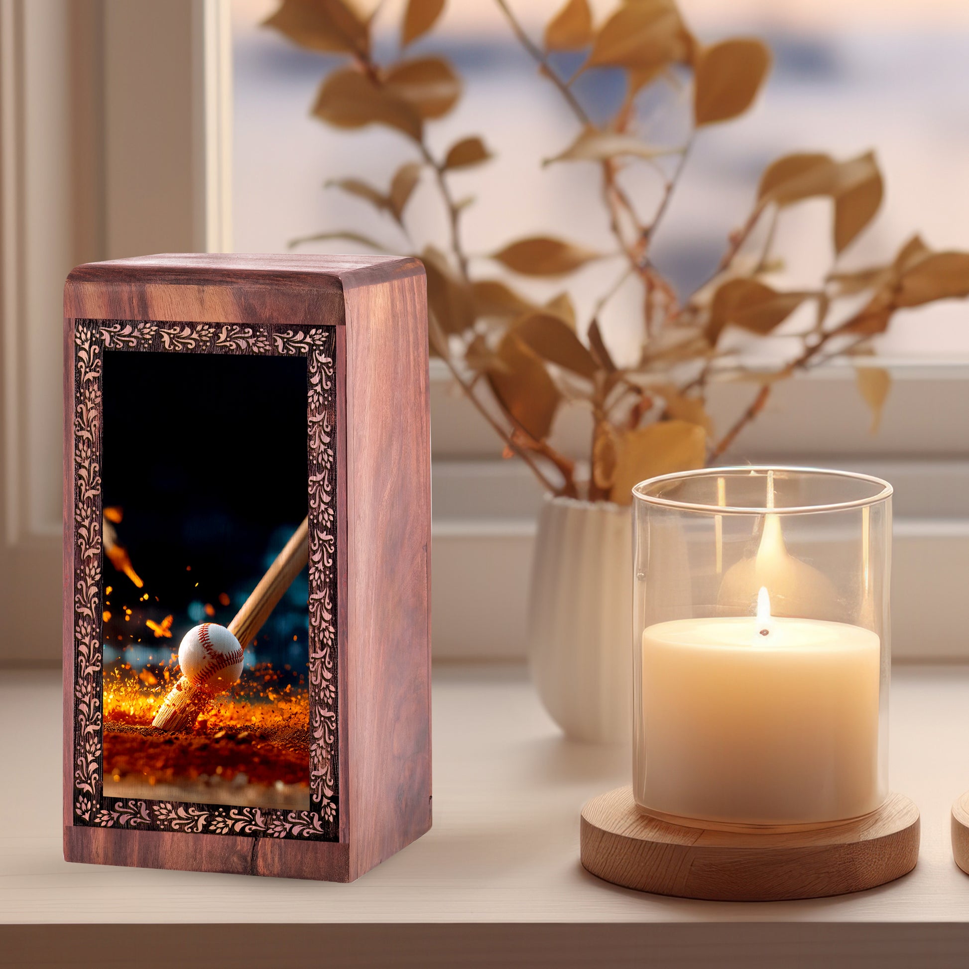 Baseball Fire Glow Wooden Urn For Human Ashes – Keepshake Cremation Urn For Burial