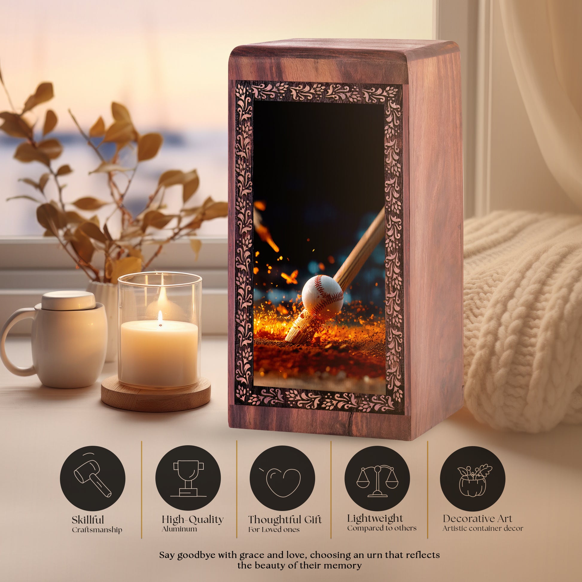 Baseball Fire Glow Wooden Urn For Human Ashes – Keepshake Cremation Urn For Burial