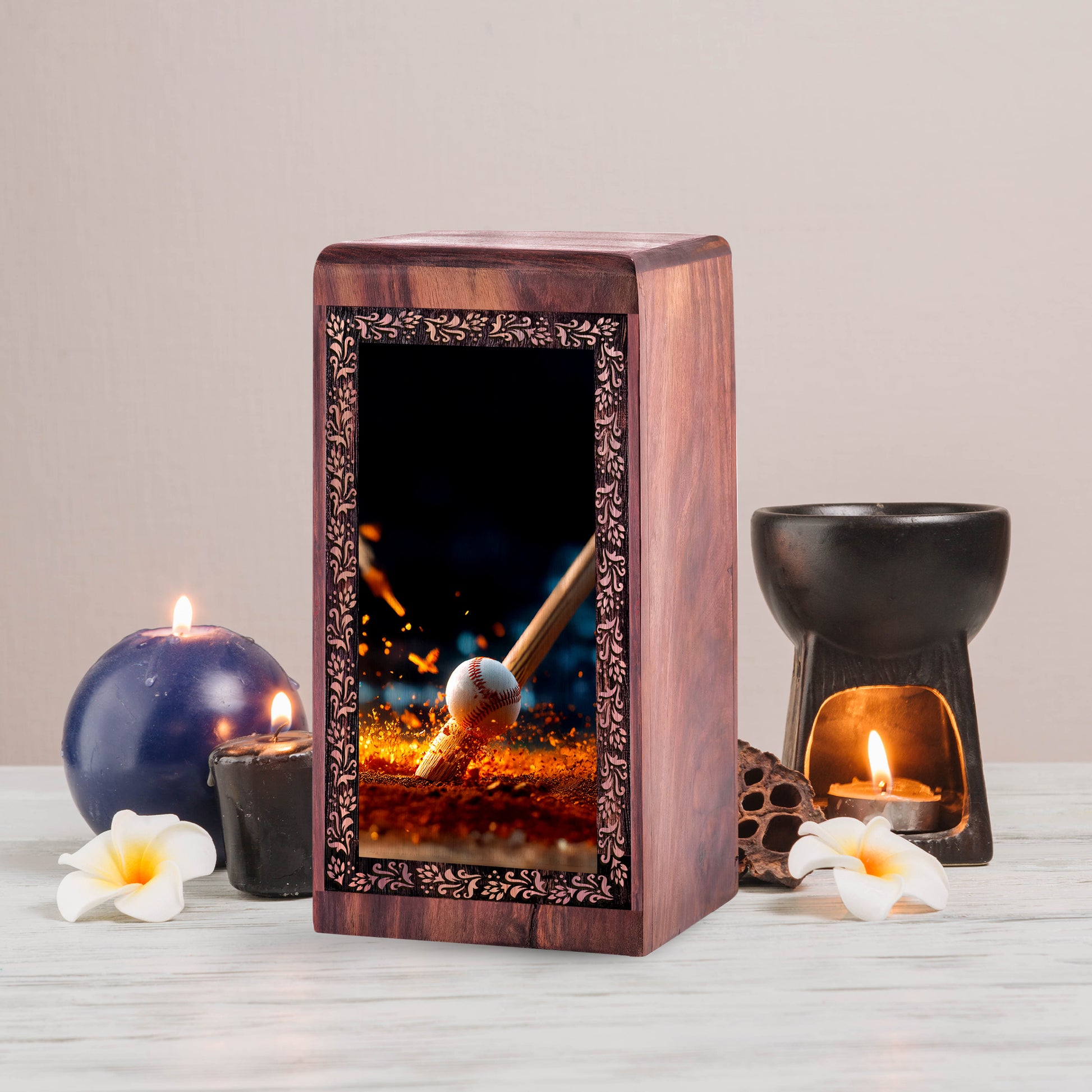 Baseball Fire Glow Wooden Urn For Human Ashes – Keepshake Cremation Urn For Burial