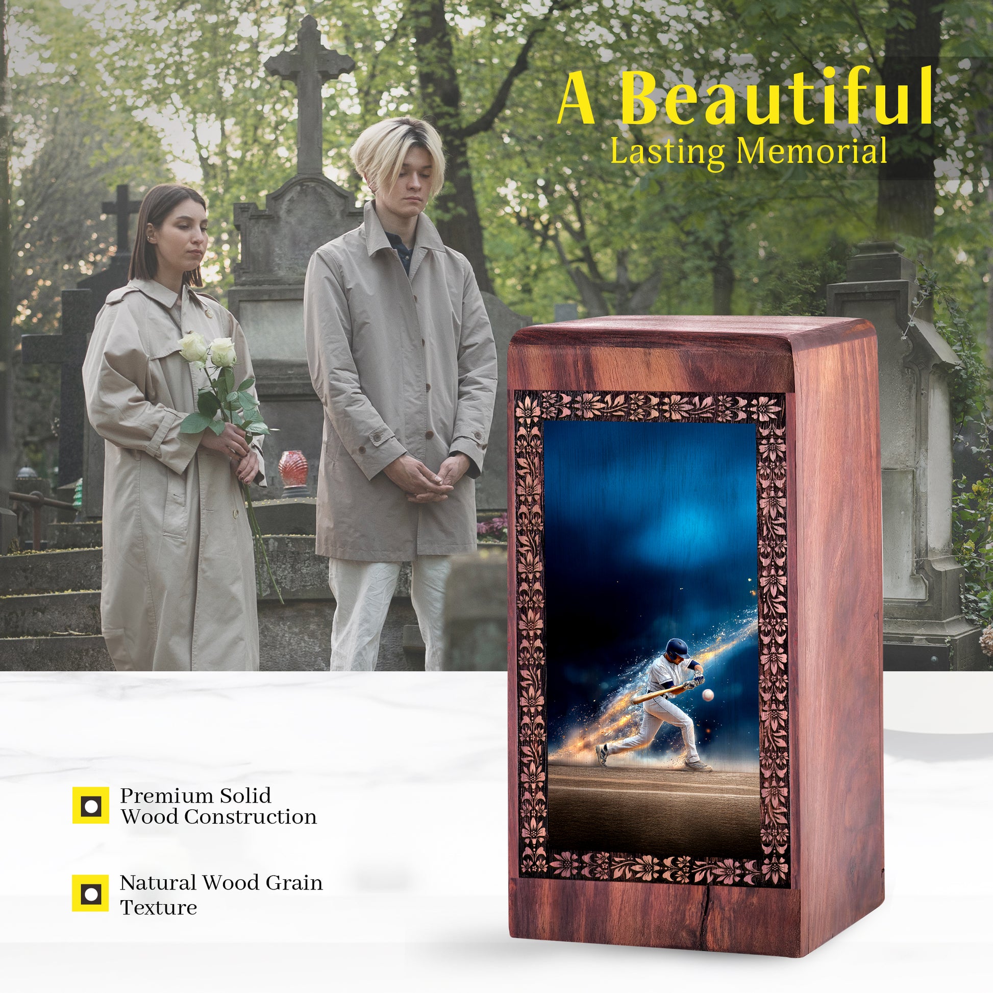 Baseball Swing Cremation Urn – Decorative Memorial Wooden Box For Ashes