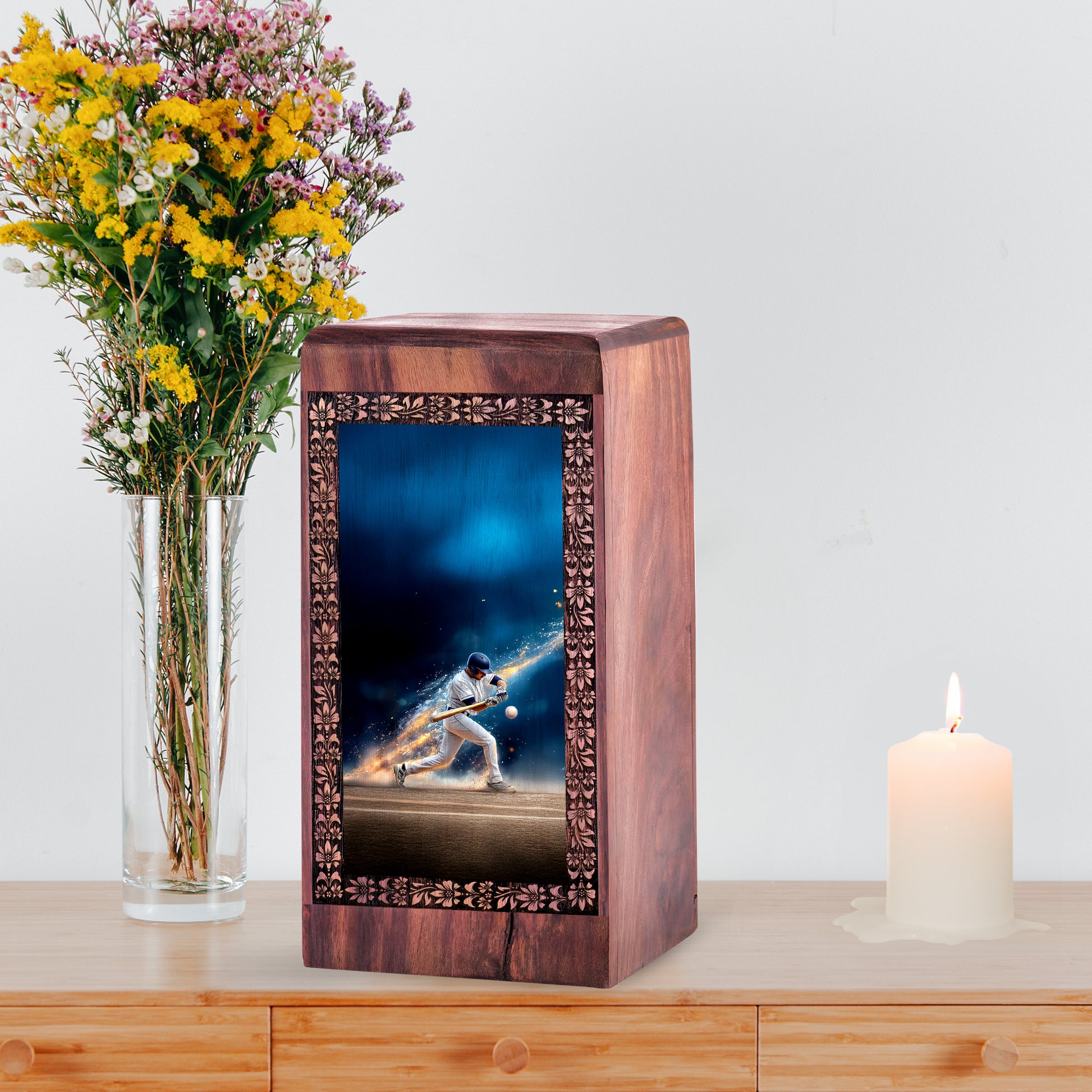 Baseball Swing Cremation Urn – Decorative Memorial Wooden Box For Ashes