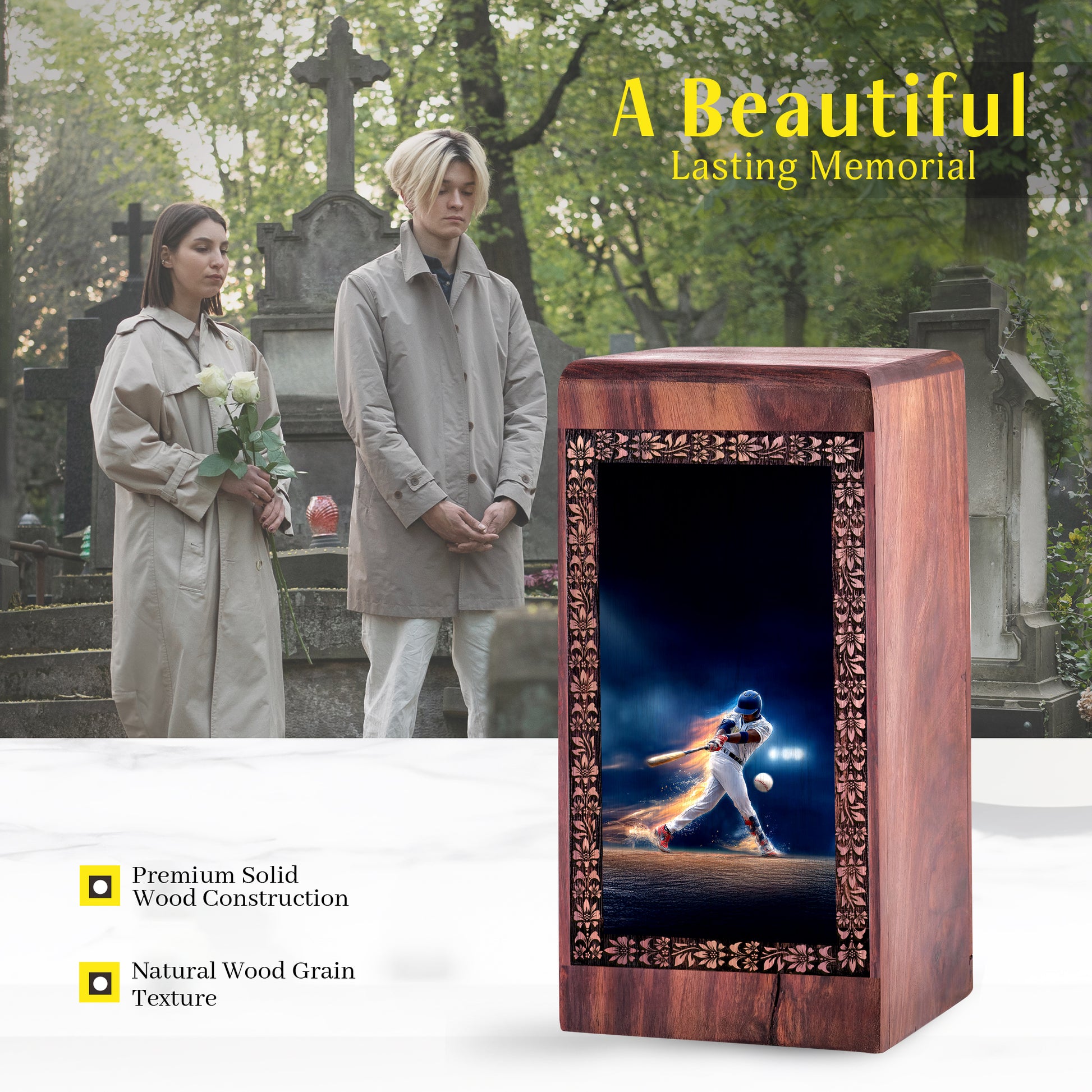 Dynamic Baseball Swing Funeral Urn – Wood Cremation Urn For Burial