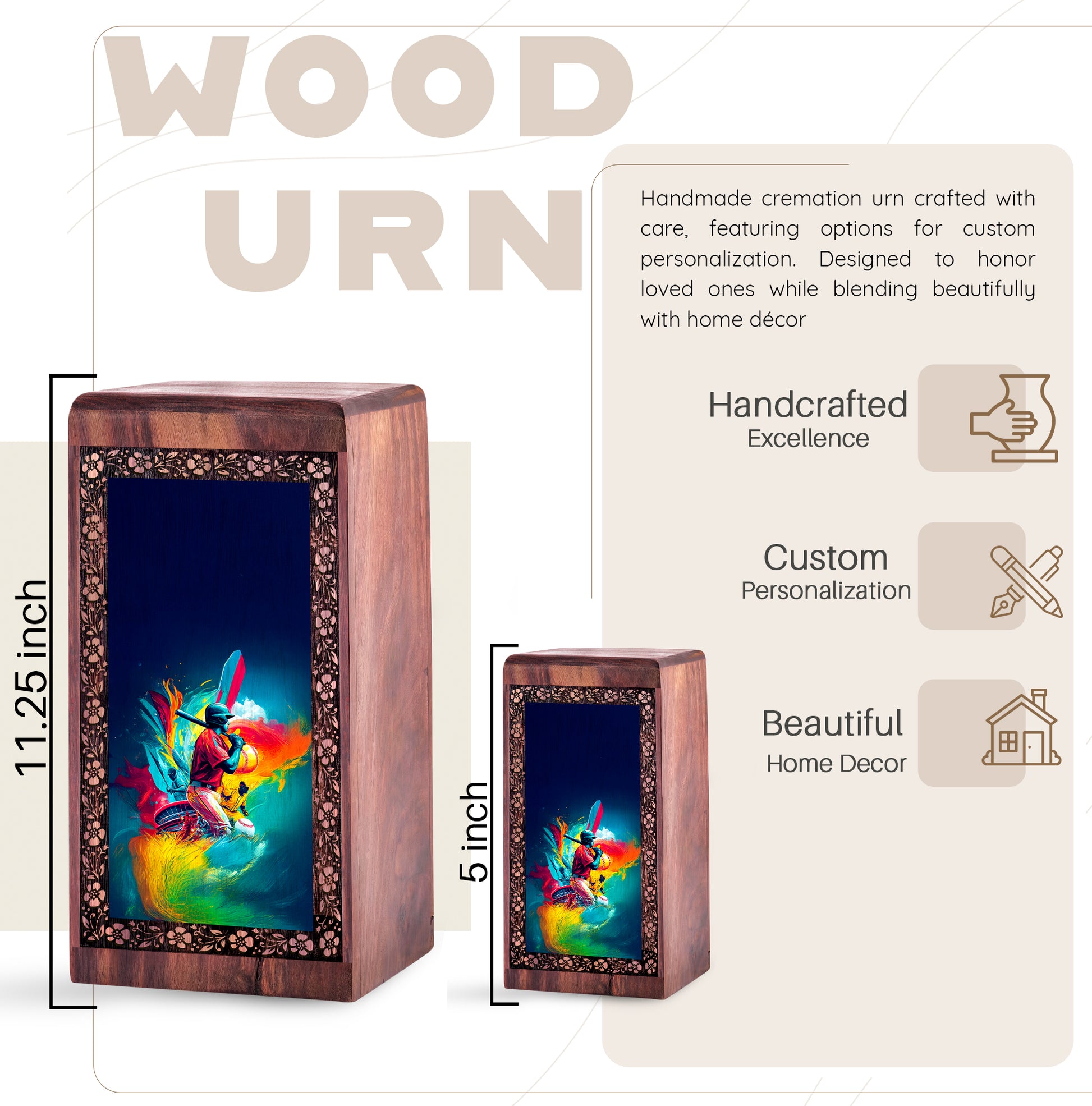 Artistic Baseball Memorial Funeral Urn – Wooden Keepshake Urn For Adult Female