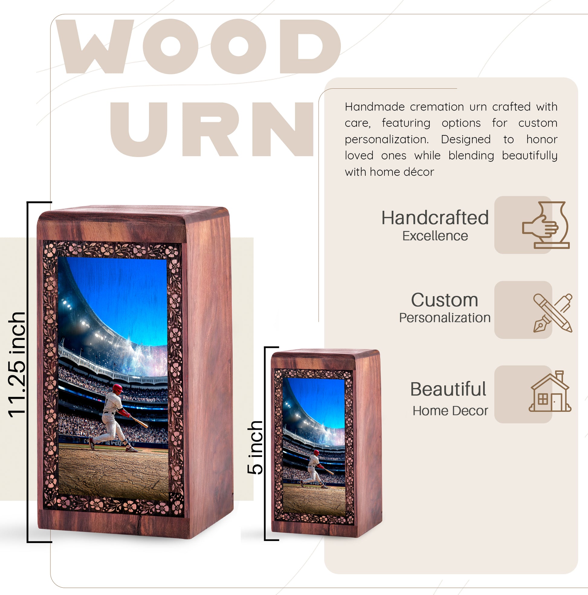 Baseball Glory Theme Cremation Urn – Personalized Wooden Memorial Urn For Ashes