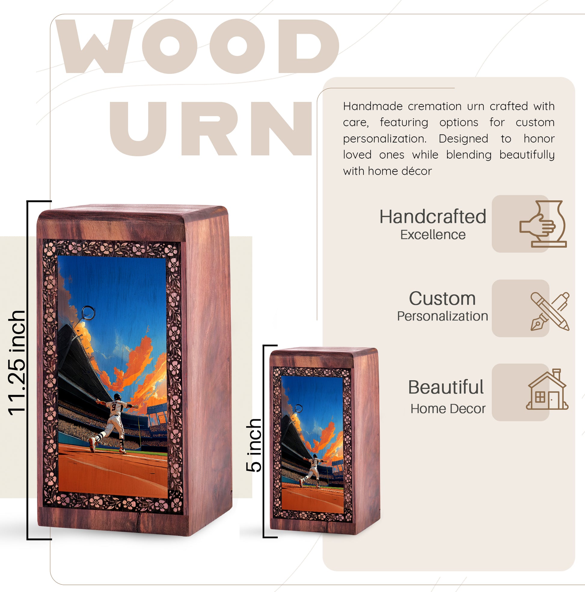 Athletic Triumph Baseball Wooden Urn – Decorative Wooden Memorial Box For Mom & Dad