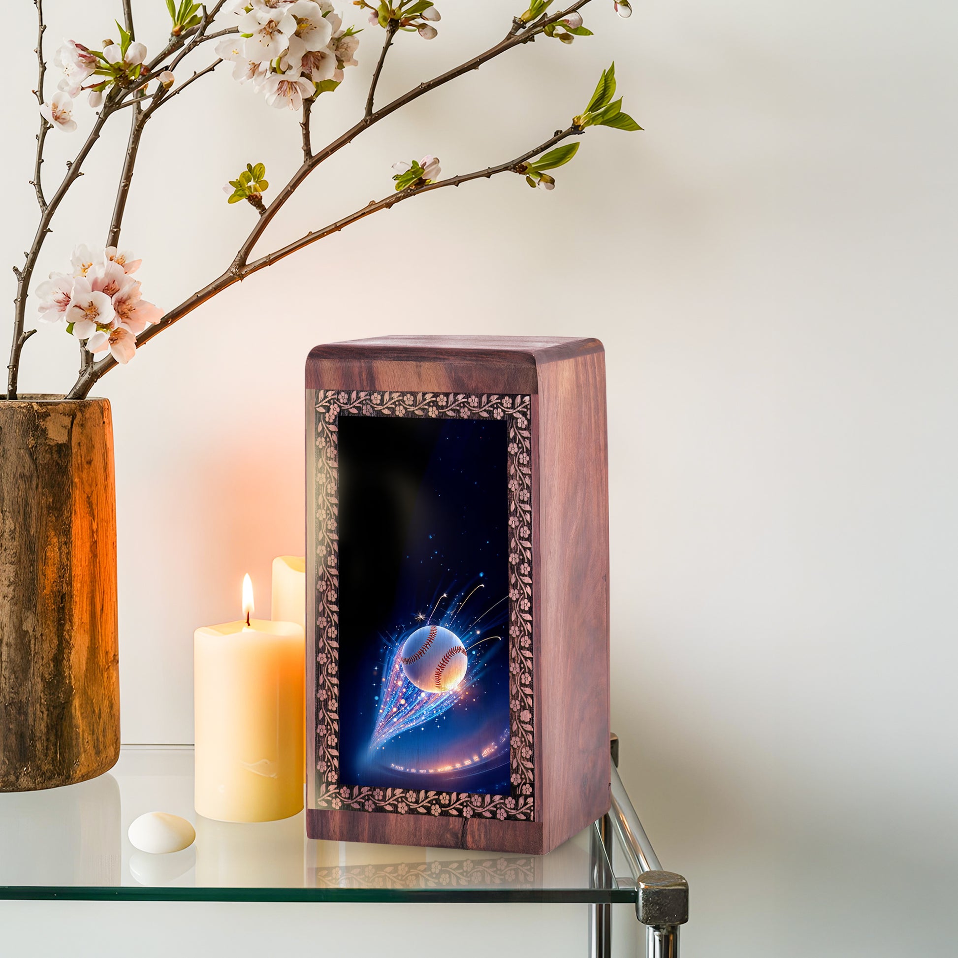 Baseball Light Trail Memorial Urn For Burial – Handmade Wooden Keepshake Urn
