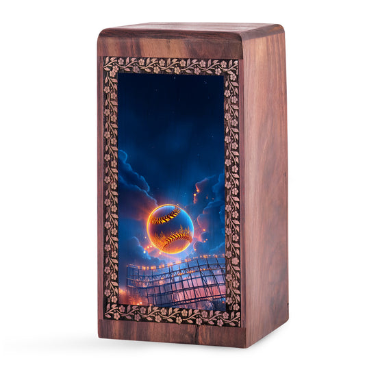 Cosmic Baseball Arena Cremation Urn – Premium Memorial Wood Urn For Mom & Dad