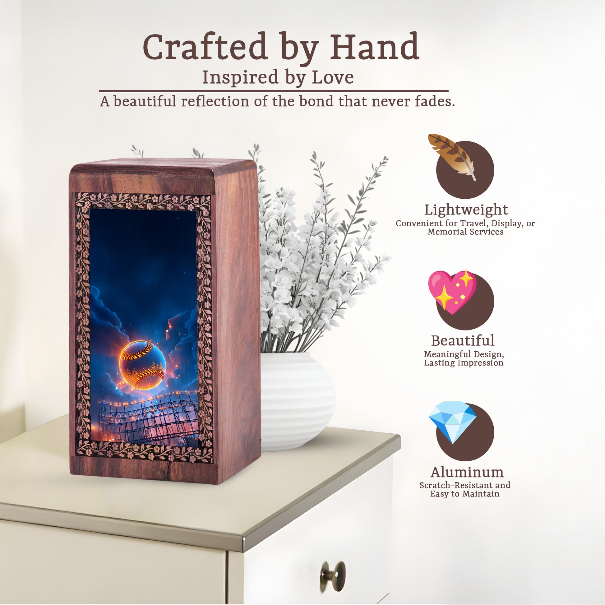 Cosmic Baseball Arena Cremation Urn – Premium Memorial Wood Urn For Mom & Dad