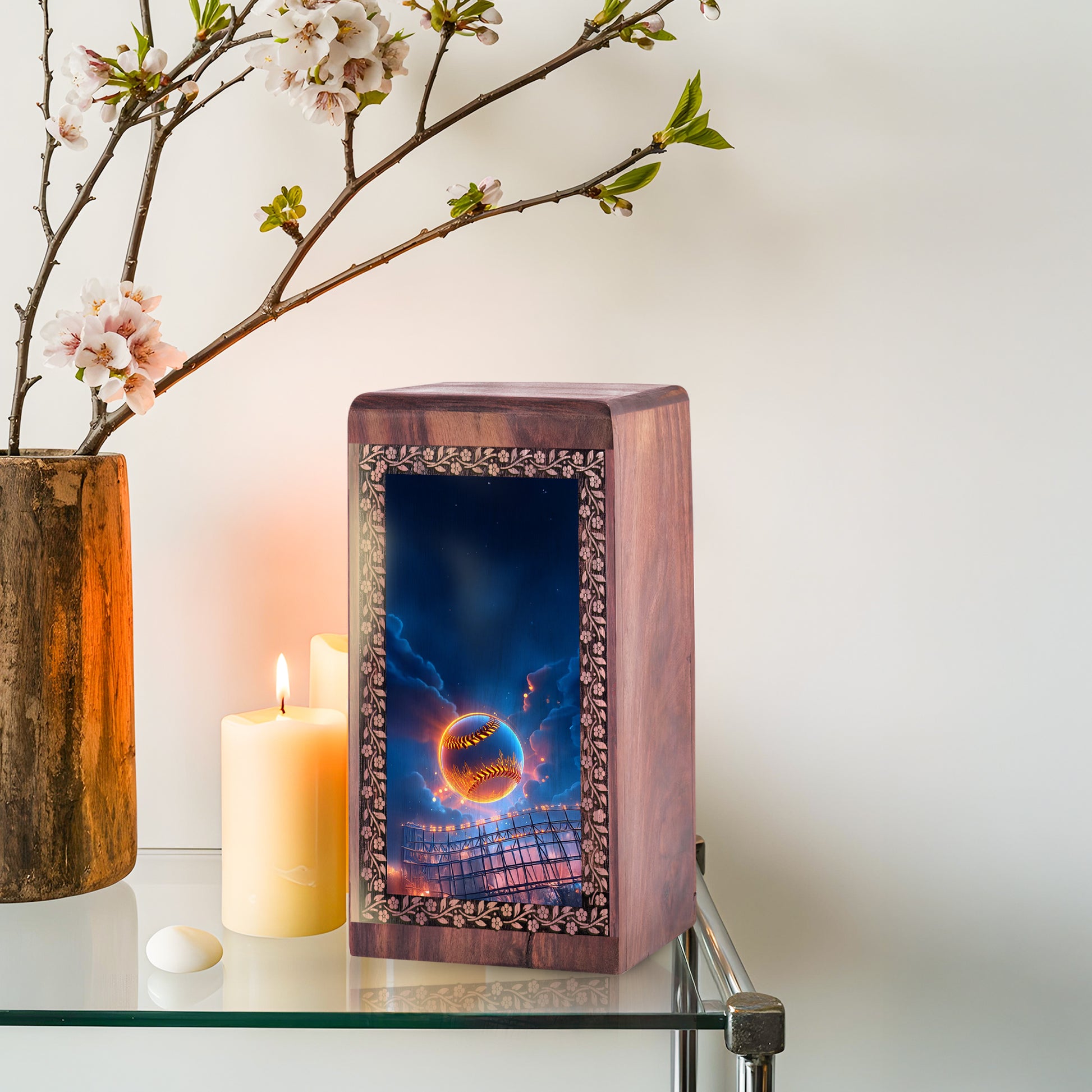 Cosmic Baseball Arena Cremation Urn – Premium Memorial Wood Urn For Mom & Dad