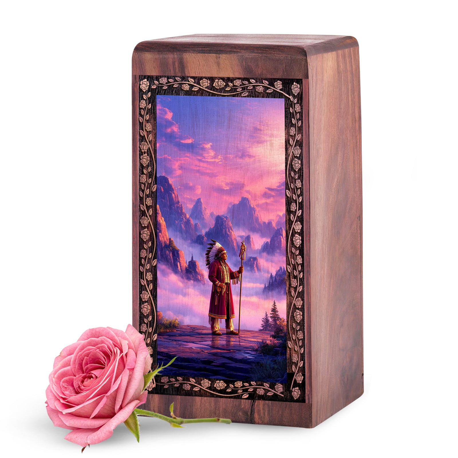 Native American Warrior Spirit Theme Urn – Premium Wooden Cremation Urn Box Adults