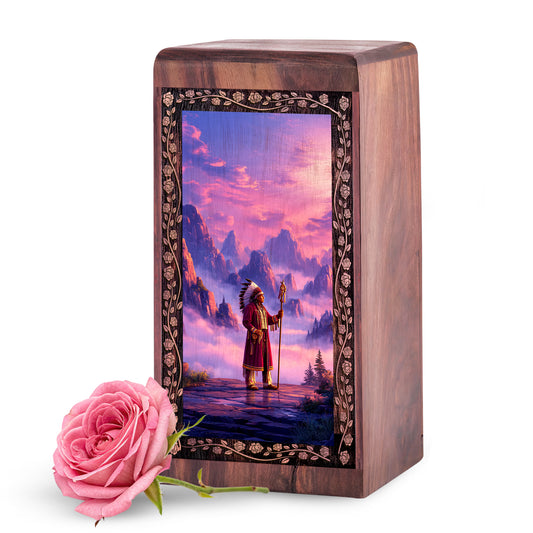 Native American Warrior Spirit Theme Urn – Premium Wooden Cremation Urn Box Adults
