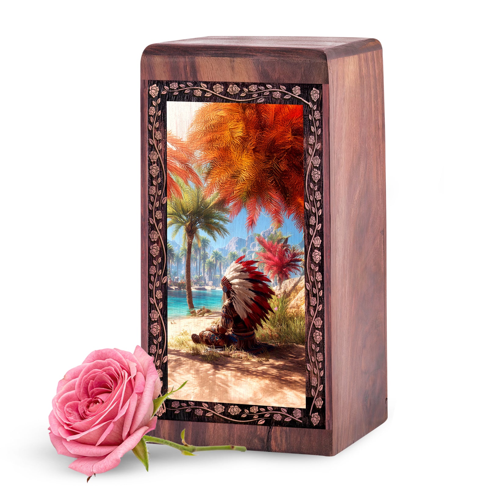 Native Warrior Memorial Urn For Ashes - Beachside Spirit Theme Wooden Urn For Adult