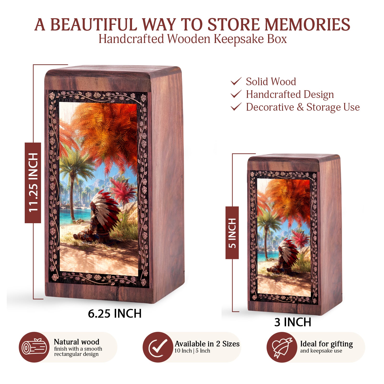 Native Warrior Memorial Urn For Ashes - Beachside Spirit Theme Wooden Urn For Adult