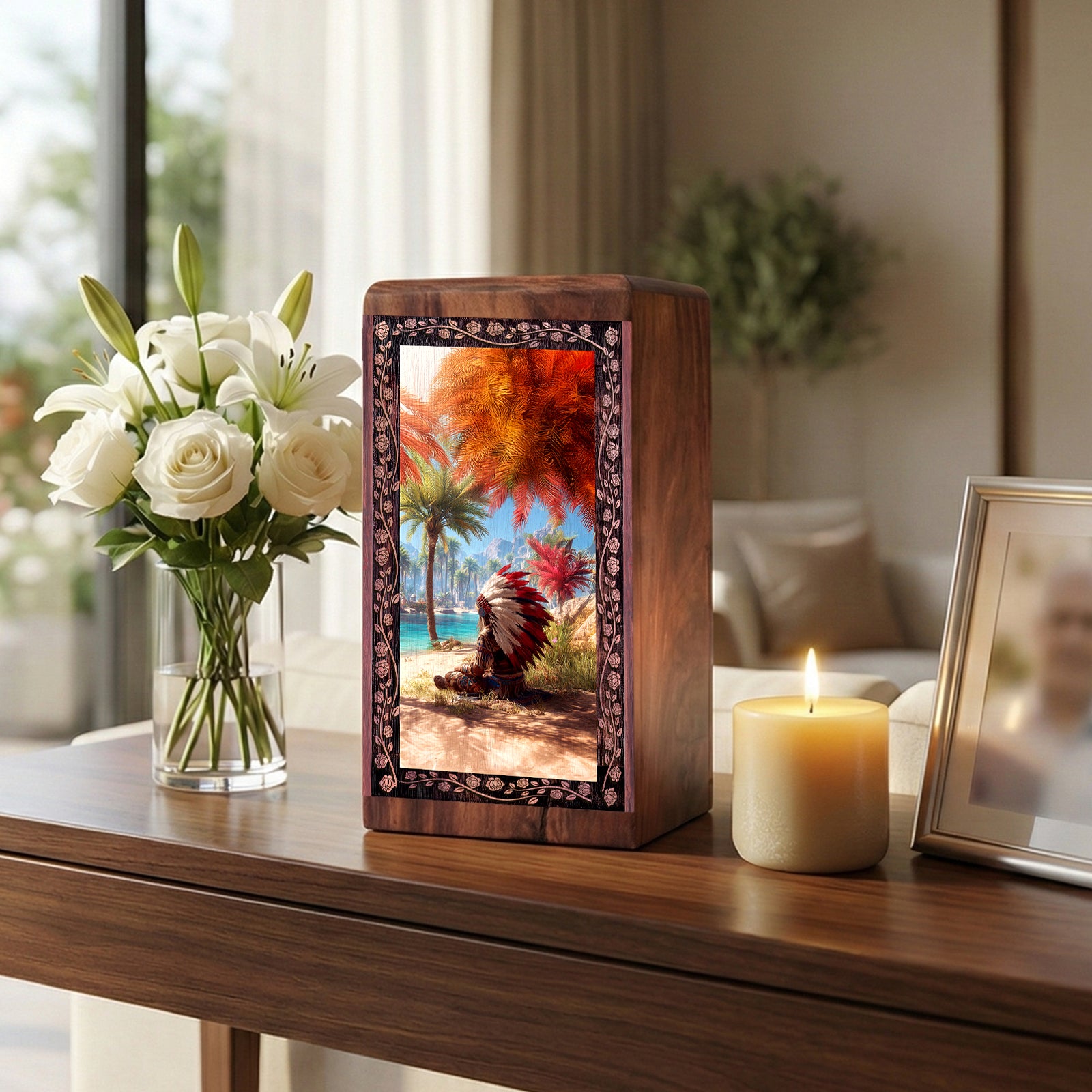 Native Warrior Memorial Urn For Ashes - Beachside Spirit Theme Wooden Urn For Adult