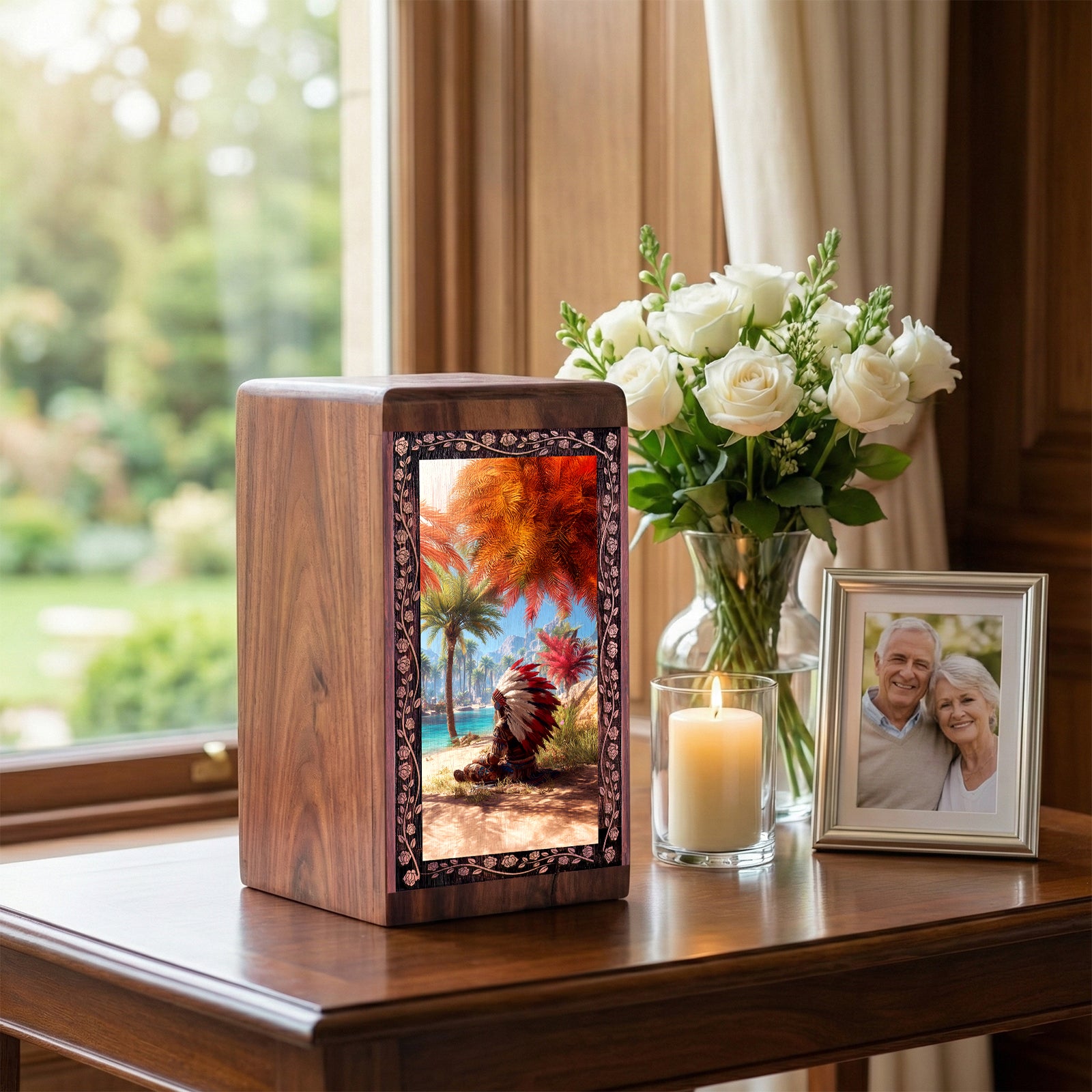 Native Warrior Memorial Urn For Ashes - Beachside Spirit Theme Wooden Urn For Adult