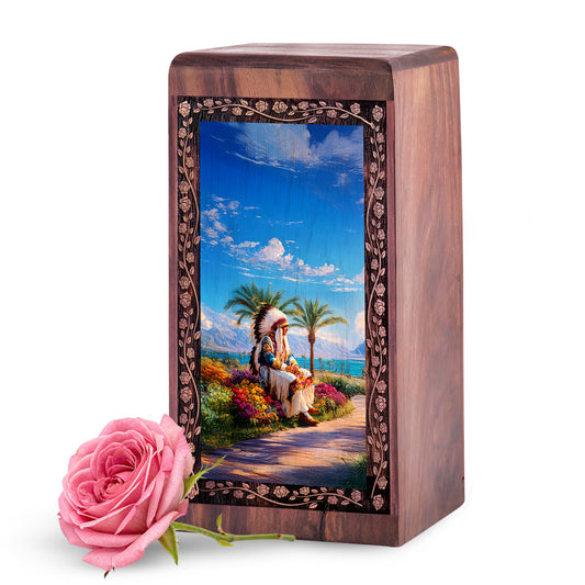 Native Wisdom Coastal Theme Wooden Urn For Burial - Artistic Wooden Memorial Box