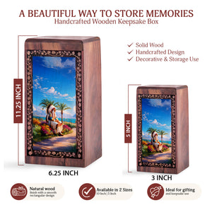Native Wisdom Coastal Theme Wooden Urn For Burial - Artistic Wooden Memorial Box